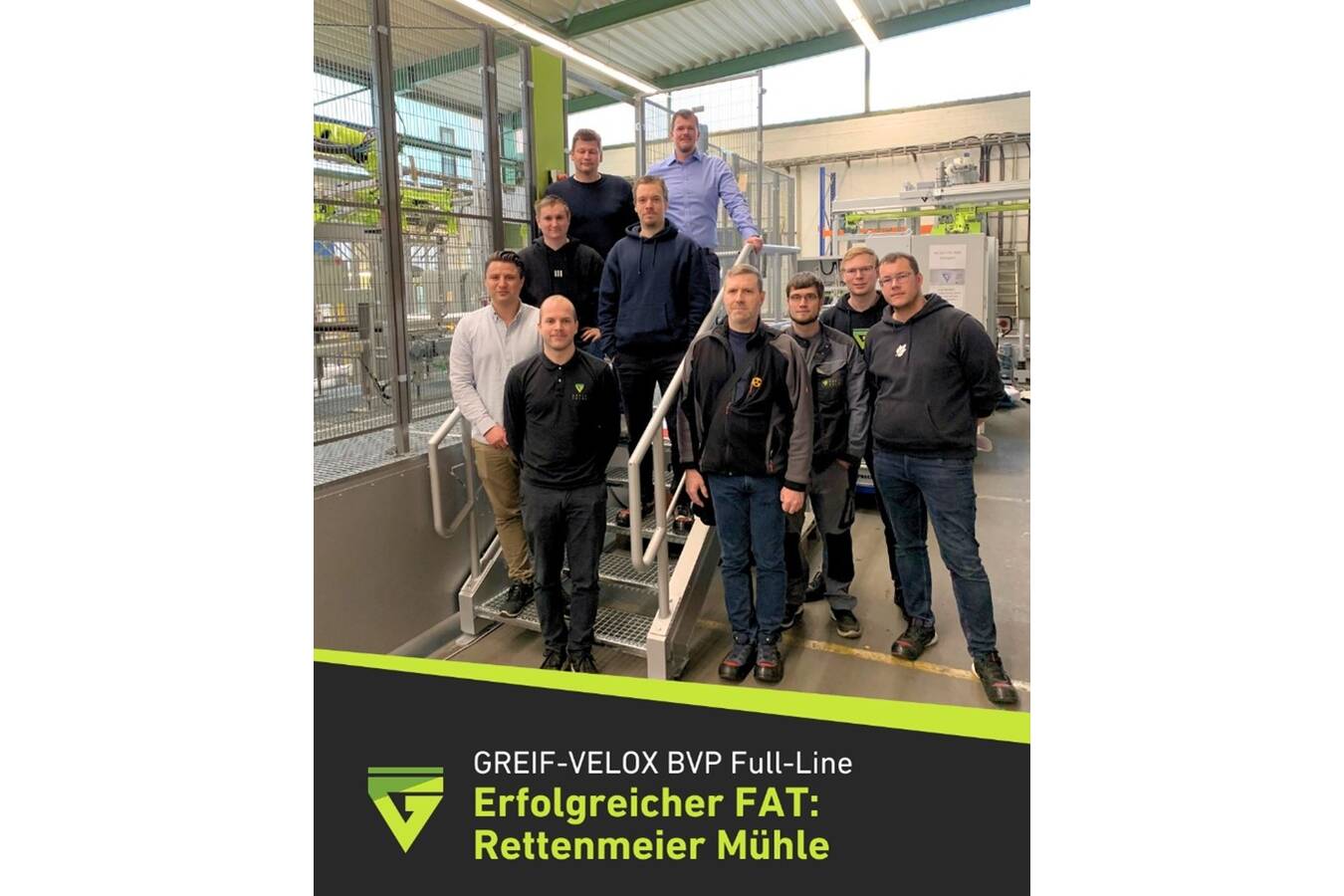 Erfolgreicher FAT für die Lebensmittel-Industrie bei Greif-Velox Beim Factory Acceptance Test (FAT) in Lübeck stand die Bruttopneumatikpacker BVP Full-Line mit integrierter FIBC-Befüllung für die Rettenmeier Mühle im Mittelpunkt.
