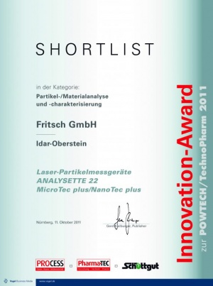 Applaus, Applaus für FRITSCH Innovationen! Der 4. Innovation-Award zur POWTECH 2011 für innovative Produktentwicklungen